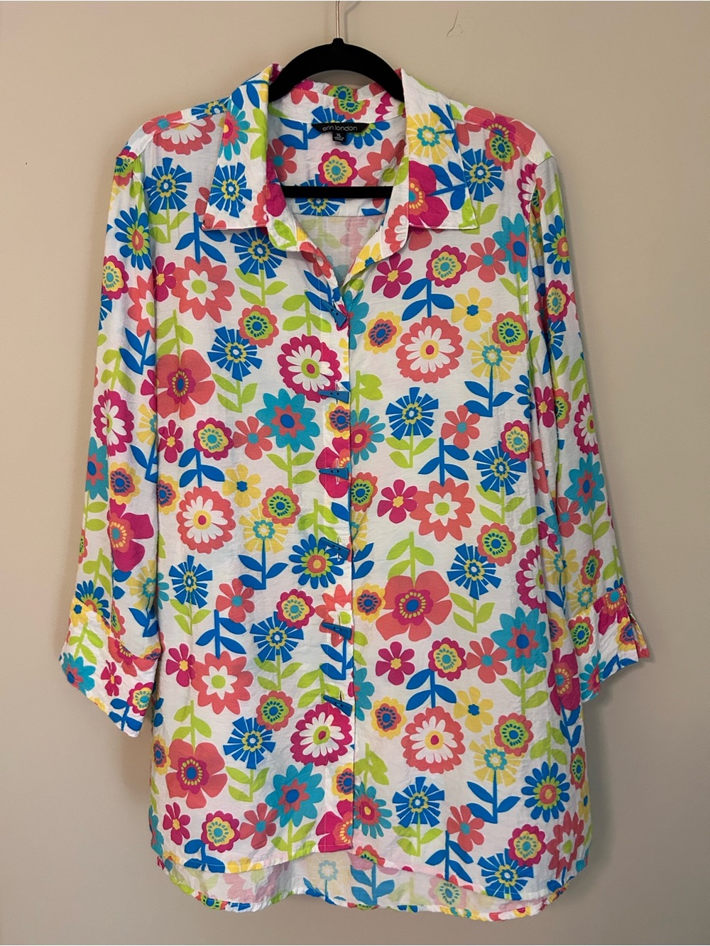 Erin London Tunic Blouse Women’s XL Bright Floral Button-Up Top Tropical Coastal